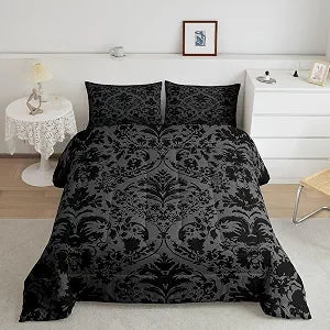 Feelyou Adult Grey Black Damask Comforter Set Gothic Antique Victorian Baroque Full Size Bedding Set Kids Vintage Floral Comforter Soft Microfiber