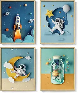 Framed Space Nursery Wall Art Set of 4, Modern Outer Space Themed Canvas Prints for Boys Bedroom, Cool Astronaut Rocket Pictures for Kids Baby Boy Room Bathroom Classroom Wall Decor, 11x14 Inch