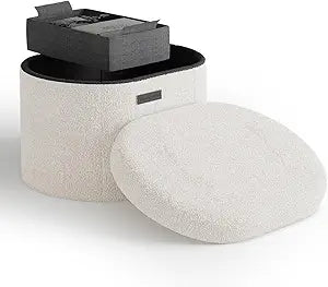 Round Ottoman with Storage for Living Room, 16 Inch Storage Ottoman, Small Ottomans Foot Rest, Boucle Foot Stool Ottomans Max 330lbs, White