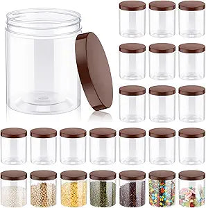 Irenare 24 Pcs 16oz Plastic Jars with Lids, Clear Wide Mouth Airtight Mason Jars Food Storage Containers for Cake, Dried Fruit, Honey, Nuts, Scrubs Cream, Kitchen & Craft(Brown Lids)