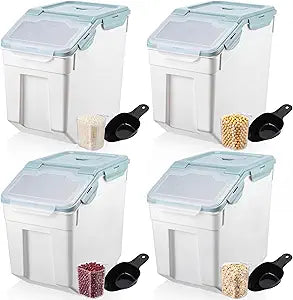 Sunnyray 4 Pcs 55 lbs Grain Rice Storage Container Flour Bin with Wheels Cup Leak Proof Pet Food Storage Boxes Seal Locking Lid Plastic Rice Containers Set for Cereal Flour Cat Dog Food (Blue)