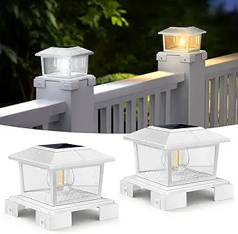 APONUO Solar Post Cap Lights  IP65 Waterproof & 2-Color Retro Edison Bulb (3000K/6500K), Adjustable Base Fits 4x4 5x5 6x6 Wood/Vinyl Posts, 10-12H Runtime for Fence Deck Patio (White, 2 Pack)