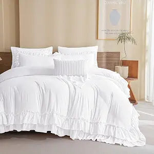 QSH Bright White Ruffled Comforter Twin Size,3PCs Shabby Boho Chic Ruffle Bedding Comforter Twin (70"x90") Farmhouse French Country Lightweight Microfiber Fluffy Bed Set with Pillow Shams