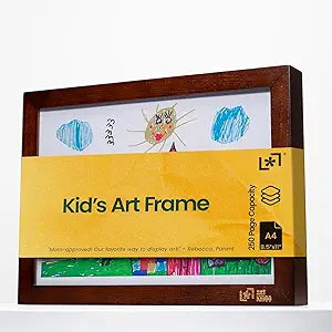 Magnetic Kids Art Frame 8.5x11  Lift-Top Real Wood Artwork Display & Storage  Strap-Free Changeable Frame Holds 250 Drawings  Freestanding or Wall Mounted - Brown