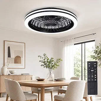 20" Bladeless Ceiling Fan with Lights, Flush Mount, Remote Control, Low Profile Ceiling Fan with Light, 3 Dimmable LED Light for Bedroom, Living Room (Black)