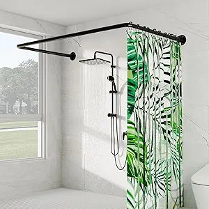 U Shaped Shower Curtain Rod, [Both Sides: 23"-52", Middle: 31"-46.5"] Adjustable U Shape Shower Rod Black Outdoor Corner Curtain Pole for Bathroom Bathtub with Ceiling Support & 12 Hooks