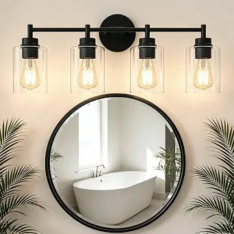 4-Light Bathroom Light Fixtures, Matte Black Modern Vanity Light with Clear Glass Shades, Bathroom Sconce for Mirror Living Room Cabinet Bedroom Porch,E26 Base(Bulbs Not Included)