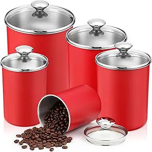 LemonRoad 5 Pcs Stainless Steel Canister with Glass Lids Airtight Food Jar Storage Canister Set (1.0qt / 1.8qt / 2.8qt / 3.9qt / 6.0qt) Food Grade Storage Containers for Kitchen(Red)