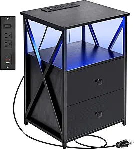 Livofloral LED Nightstands with Charging Station, Black Side Tables with Storage, End Tables with Charging Station, Bedside Table with Wooden Storage Drawers for Bedroom, Side Tables Living Room