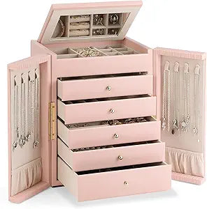 Dajasan Large Jewelry Organizer Box, 6-Tier Jewelry Storage Case with 5 Drawers, Jewelry Boxes for Women Girls with Mirror, Double Door, Textured PU Leather, Gift Idea, Stylish (Pink + Gold)