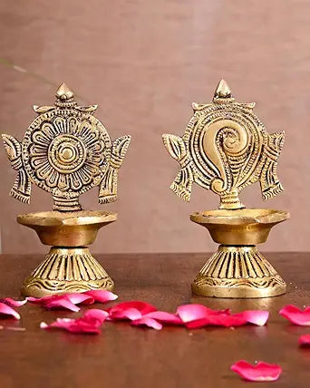 Hastha Kalalu Sacred Symbols of Vishnu: Brass Shankh Chakra Diya Set (4.3 Inch) - Pair of Traditional Indian Oil Lamps for Puja, Festivals, and Home Dcor, Medium, Gold