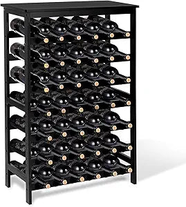 Bamboo Wine Rack Freestanding Floor, 7-Tier 42-Bottle Wine Storage Shelf with Table Top - Black