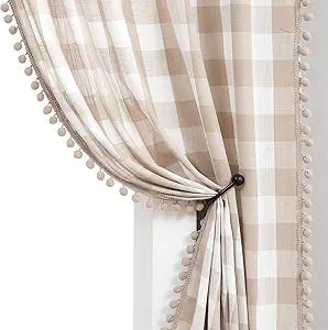 Treatmentex Buffalo Check Curtains 84inch Farmhouse Pom Pom Drapes for Living Room Vintage Gingham Plaid Semi Sheer Tan Window Curtains for Bedroom Kitchen 2 Panels Rod Pocket Taupe and White
