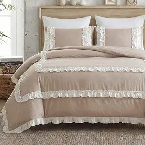 Bedorm Taupe Ruffle Comforter Set Queen Size - 3 Pieces Shabby Chic Bedding with Lace Fringe, White French Pastoral Style Quilt, Includes Comforter & Pillowcases for Elegant Bedrooms
