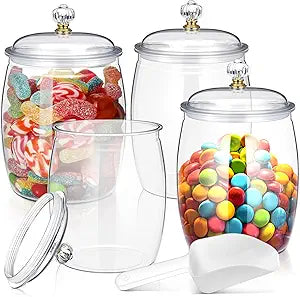 Nuogo 4 Pcs Plastic Candy and Cookie Jars with Lids Clear Cookie Container Candy Jars Large Airtight Apothecary Storage Organization for Wedding Home Kitchen Bar(128 oz)