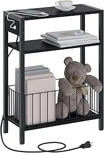TRIFEBLE Narrow Side Table with Charging Station, Small End Table for Small Spaces, Slim Nightstand with Storage Basket, 3 Tier Skinny Bedside Table for Living Room, Bedroom, Black