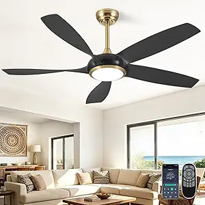 54'' Ceiling Fans with Lights, Indoor/Outdoor Modern Ceiling Fan with Remote, 5 ABS Blades, Reversible DC Motor, 6 Speeds, 3 Color Lights, ETL Listed, for Bedroom Living Room (Black & Gold)