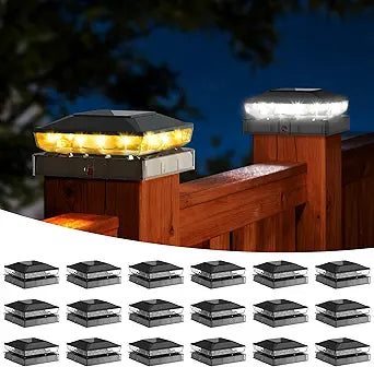Solar Post Cap Lights Outdoor, 18 Pack Upgraded Waterproof Deck Fence Post Solar Lights for 3.5x3.5 4x4 5x5 Vinyl/Wood Posts, 10-12 Hours Warm/Cool White Glow for Garden/Patio/Porch - Black