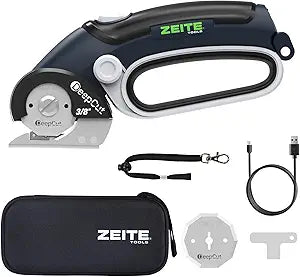 ZEITE Deepcut 3/8" Electric Cardboard Cutter,Cordless Scissors with LED Light,Storage Box,Rechargeable Powerful Rotary Box Cutter with 2 Blades for Thick Cardboard, Fabric, Carpet, Leather