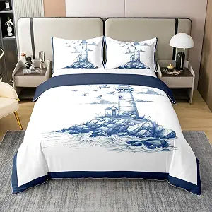 jejeloiu Lighthouse Duvet Cover 100% Cotton Bedding Set King Size 3Pcs