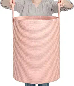 CLHMILY&Z Laundry Hamper Round Storage Rope Basket in Living Room, Bedroom, Laundry Room for Toy, Clothes, Blanket, Pillow (Pink, 80L)