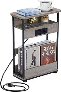 YEAKOO Narrow Side Table with Charging Station, 3-Tier End Table with 2 USB Ports & Power Outlets,Thin Sofa Side Table for Narrow and Small Spaces, Bedside Table Nightstand for Living Room,Oak
