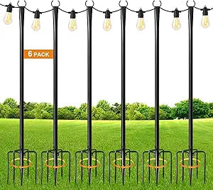 MuliVid 6 Pack 9FT String Light Poles for Outdoor,Metal Lights Hanging Pole Outside with Fork,Light Stand for Patio, Pergola, Garden, Backyard, Yard, Camping Party