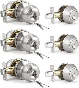 KNOBWELL Keyed Entry Door Knob and Single Cylinder Deadbolt Combo Set, Exterior Door Knobs for Entrance and Front Door, Keyed Alike Knob and Deadbolt, Satin Nickel, 3 Pack
