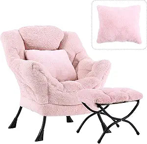 Lazy Chair with Ottoman, Large Pink Accent Chair with Ottoman and FA Throw Pillow, Comfy Plush Reading Chair for Living Room Bedroom Dorm Room Office Apartment Relaxing Use