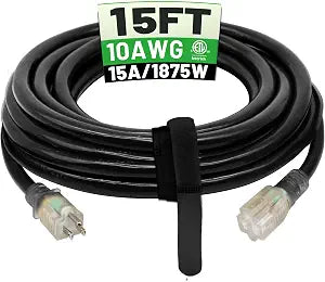 POWGRN 15 Ft 10AWG Outdoor Extension Cord Waterproof Heavy Duty, Black