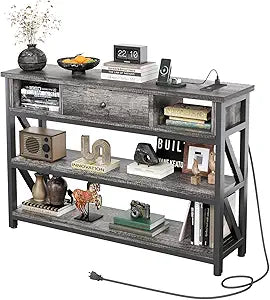 Mexin 39 Inch Console Table with 2 Outlet and 2 USB Ports, Entryway Table with Drawer and Storage Shelves, Narrow Sofa Table for Living Room and Hallway, Grey Oak