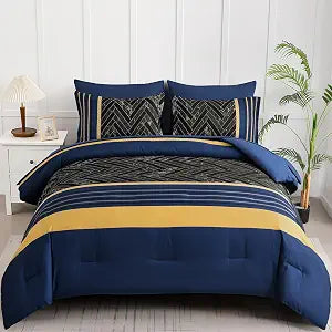 Luxudecor Blue and Yellow Comforter Set King Size, 7 Pieces Stripe Geometric Bed in a Bag, Marble Comforter and Sheet Set, Soft Microfiber Complete Bedding Sets for All Seasons