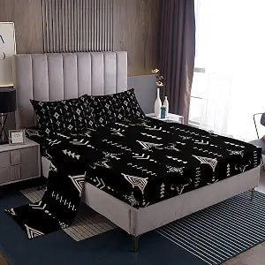 Feelyou Western Bull Skull Bedding Set King Size Kids Boho Ethnic Horns Sheets Set Adult Black Brown Tribal Symbol Mysterious Aztec Bed Sheets Set,1 Fitted Sheet+2 Pillow Sham+1 Flat Sheet