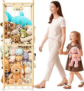 Stuffed Animal Storage, Stuffed Animals Organizer Holder, 64 Inches Tall Plushies Storage with Wheels, Wooden Stuffed Animal Zoo for Kids' Rooms, Bedrooms & Living Rooms