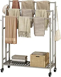 SORCEDAS Towel Rack 3 Tier Free Standing Metal Towel Stand with Storage Shelf and Wheel for Extra Large Towel Blanket Drying (Grey)