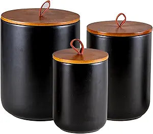 Mowtanco Ceramic Canister Set (30 oz, 48 oz, 82 oz)  Black Ceramic Jar Set with Airtight Bamboo Lids for Flour, Sugar, Tea, Coffee, Pasta, Nuts  3-Piece Storage Containers for Kitchen Counter
