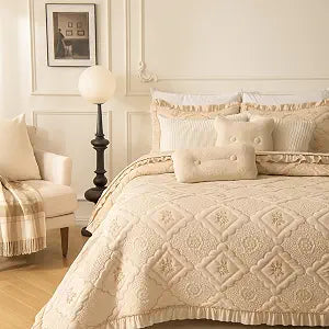 BOV Beige King Size Farmhouse Comforter Set, Vintage Ruffle Quilt Bedding with Pillow Shams, French Country & Cottage Style Bedding for Shabby Chic Bedrooms, 106x96 Inches
