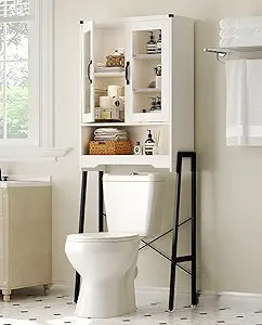 Over The Toilet Storage Cabinet with Tempered Glass Doors & Metal Stand, Over Toilet Organizer with Adjustable Shelf Space Saver Over Toilet , Tall Freestanding Shelf/Rack for Bathroom, Modern, White