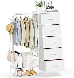Snughome Dresser with Hanging Rack, Clothes Hanging Rack with 5 Drawers, White Dresser with Clothes Rack, Fabric Storage Chest of Drawers, Small Dresser for Bedroom, Apartments, Entryway Living Room
