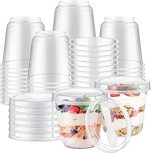 Jingmore 80 Pack 9.5oz Clear Plastic Yogurt Parfait Cups Disposable Overnight Oats Containers with Lids and Spoons Cake Fruit Jars for Food Storage Salad Ice Creams Pudding Snacks (Round Style)