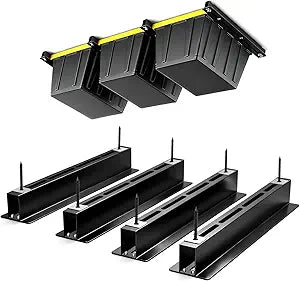 Yuleimy Overhead Garage Storage Rack for 27 Gallon Totes (6-Pack for 3 Bins), Heavy Duty Metal Ceiling Mount Hanging Bin Rails, Adjustable Storage Track System for Workspace Organization