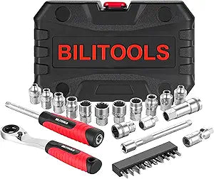 BILITOOLS 29-Piece Pass Through Socket Set, 1/4" Drive Small Pass Thru Go Through Ratchet Mechanics Tools Set for Tight Spaces, Low Profile 72-Tooth Wrench with Spline Sockets & Bits