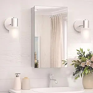 TokeShimi 14x24 Bathroom Mirror with Storage Tempered, Aluminum Silver Recessed Medicine Cabinet with Mirror Frameless Stepless Adjustable Shelf, Surface Mount Medicine Cabinet for Bathroom