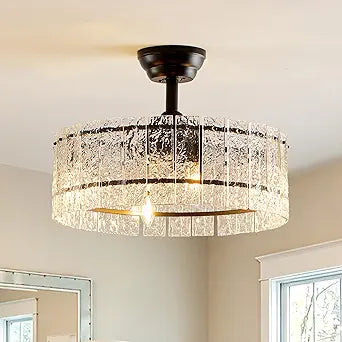 20" Black Fandelier Crystal Ceiling Fan with Light, Modern Water Ripple Glass Black Caged Chandelier Ceiling Fan, 6 Speeds Enclosed Ceiling Fan Lights for Living Room Bedroom