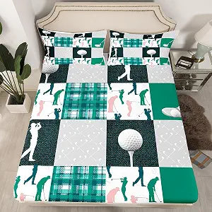 Ball Sports Bedding Set Twin Size,Golf Themed Lover Style Fitted Sheet for Kids Boys Bedroom,Green Navy Buffalo Grid Geometric Microfiber Soft Bed Cover,1 Pillow Case