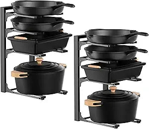 MUDEELA 2 Pack Pots and Pans Organizer under Cabinet, 4-Tier Heavy Duty Pan Organizers inside Cabinet Kitchen Storage, Adjustable Pot Rack Holds up to 44 LB Cast Iron Skillets Shallow Cookware