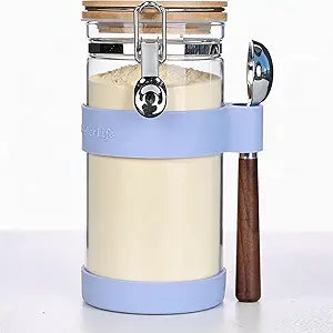 KKC Glass Protein Powder Container, 40oz Airtight Collagen Storage Jars with Bamboo Lids & 1 TBSP Measuring Spoons - Wide Mouth Aesthetic Countertop Dispenser Organizer for Kitchen, Smoothie Bar