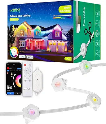 EDISHINE Permanent Outdoor Lights, 100FT with 60 RGBIC LED Cuttable Stripe Lights, APP/Voice/Remote Control, 111+ Scene Modes Outdoor Smart Lights, IP67 Waterproof for Party & Holiday Decor