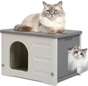 Plastic Cat House for Outdoor Indoor, Waterproof Outdoor Cat House with Escape Door for Feral Cats Outside Cat Shelter for Small Pet, Spacious, Assemble Easily -Grey Basic Style