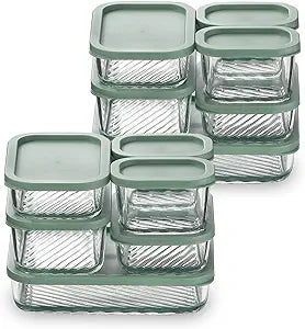 EATEX 12 Pack Glass Meal Prep Containers with Grooved Base, 12 Stackable BPA Free Glass Storage Containers with Lids for Lunch, Pantry, and Kitchen - Microwave, Dishwasher Freezer & Oven Safe - Sage